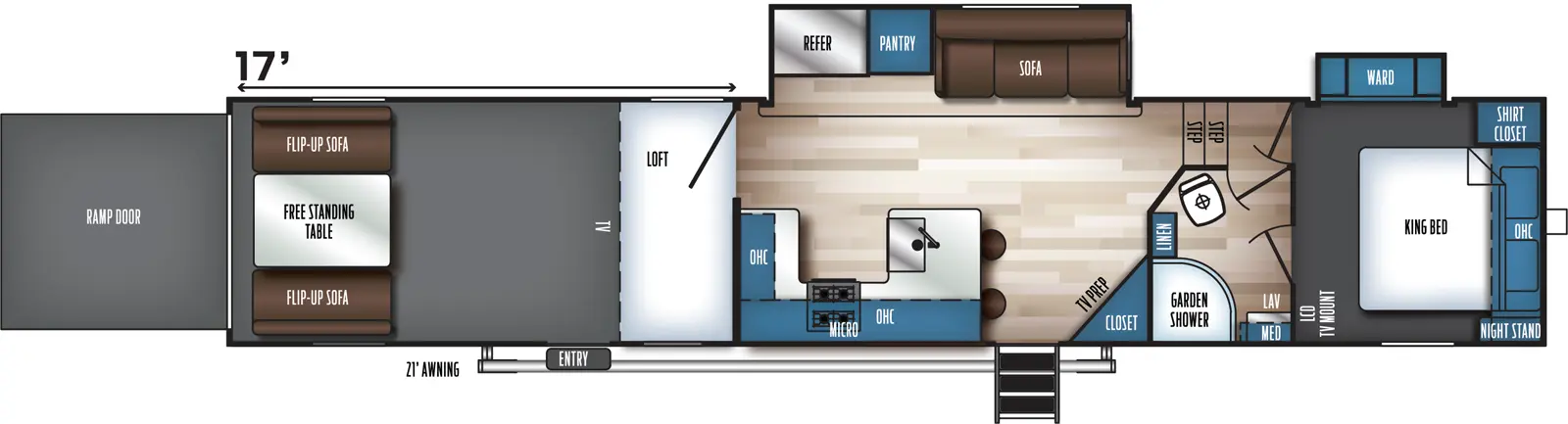The 357SUT has two slideouts and two entries. Exterior features 21 foot awning and rear ramp door. Interior layout front to back: foot-facing king bed with overhead cabinet, off-door side shirt closet and wardrobe slideout, and door side night stand and LCD TV mount; door side full pass-through bathroom with linen closet and medicine cabinet; steps down to main living area; off-door side slideout with sofa, pantry and refrigerator; door side angled closet and TV prep, entry, peninsula kitchen counter with seats, sink wrap to door side with overhead cabinet, microwave, and cooktop, and continues to wrap to inner wall; rear garage area with loft, TV, second entry, and rear opposing flip-up sofas with free-standing table. Garage dimensions: 17 feet from rear to main living area.